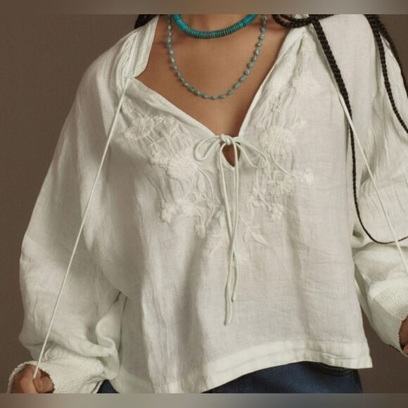 Anthropologie Linen Long Sleeve Blouse, Mint XS - Picture 1 of 11